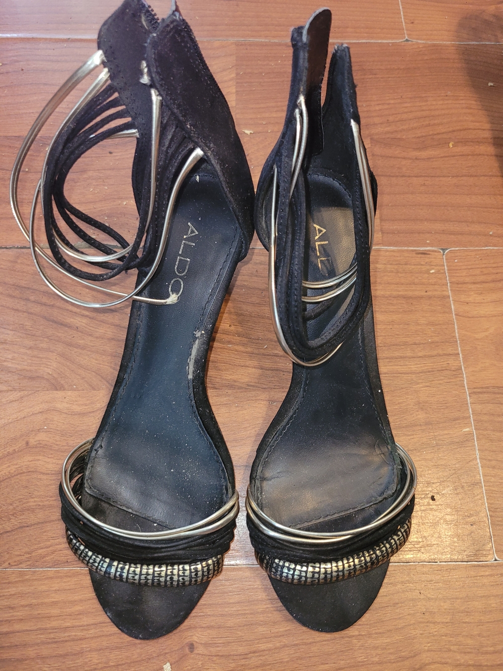 ALDO Black Suede Strappy Heels with Silver Accent Rings